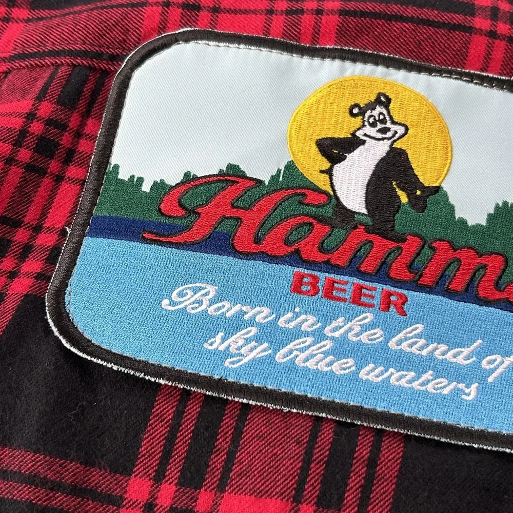 Hamms Beer Flannel Shirt Mens 2XL Red Plaid Angry Minnow VTG‎ Canvas Old Tag - Picture 11 of 12